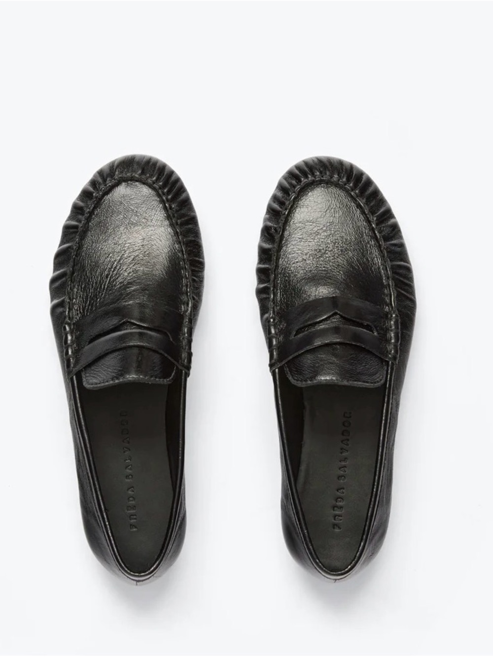 Freda Salvador Sydney Ruched Black Leather Penny Loafers